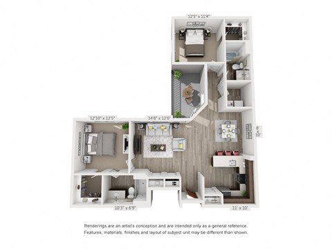 Floor plan for 2 beds, 2 baths, 1320 sqft